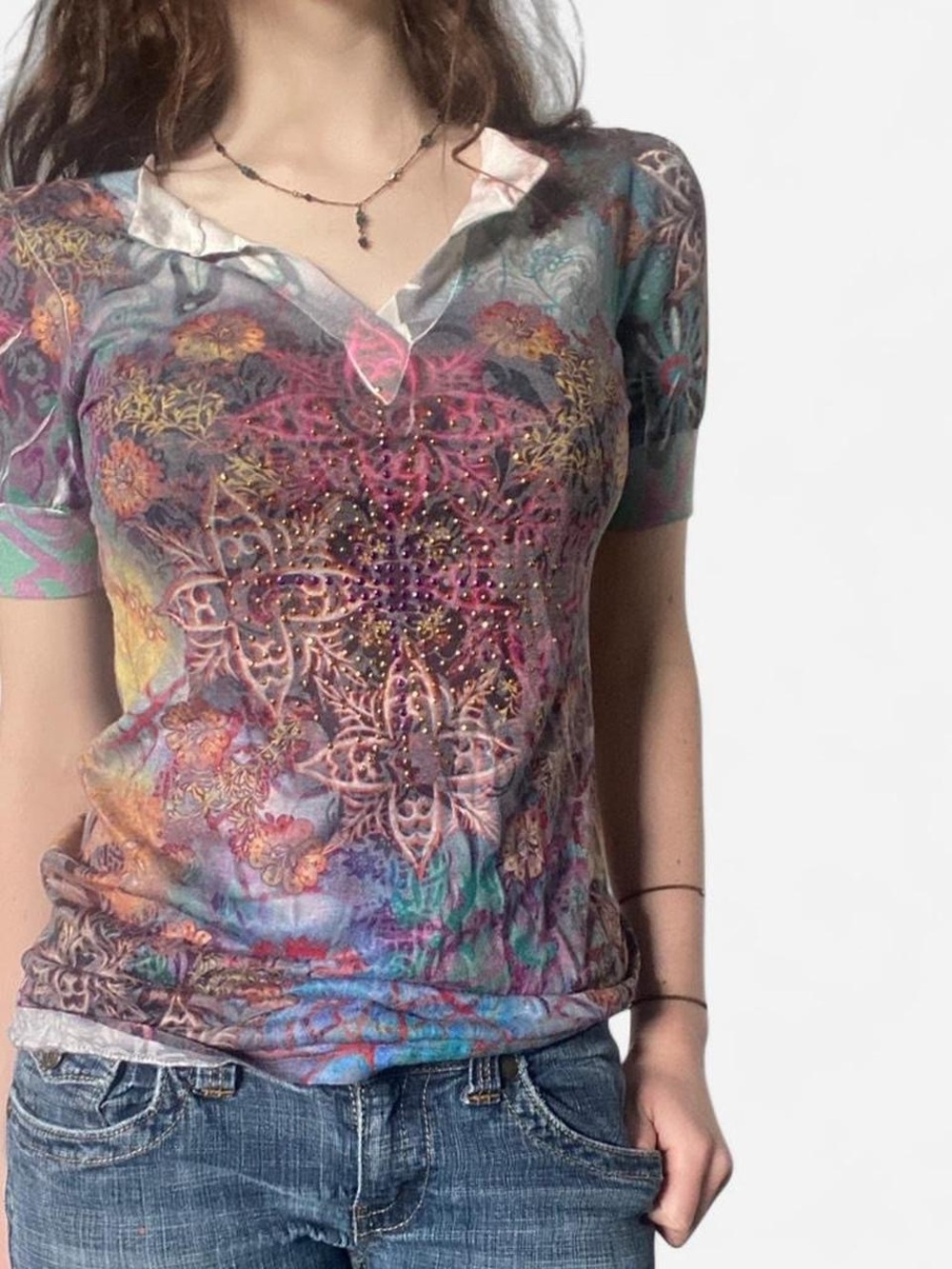 Fairycore Daytrip Multicolor Floral Rhinestone V-Neck Short Sleeve Tee Whimsy